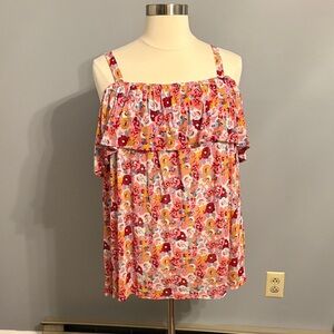 Lane Bryant Pink Multi Floral Ruffle cold shoulder short sleeve blouse